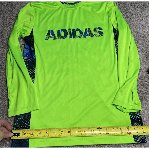 Adidas Boy Size Large Spell Out Logo Fluorescent Green Long Sleeve TShirt School - Picture 9 of 12